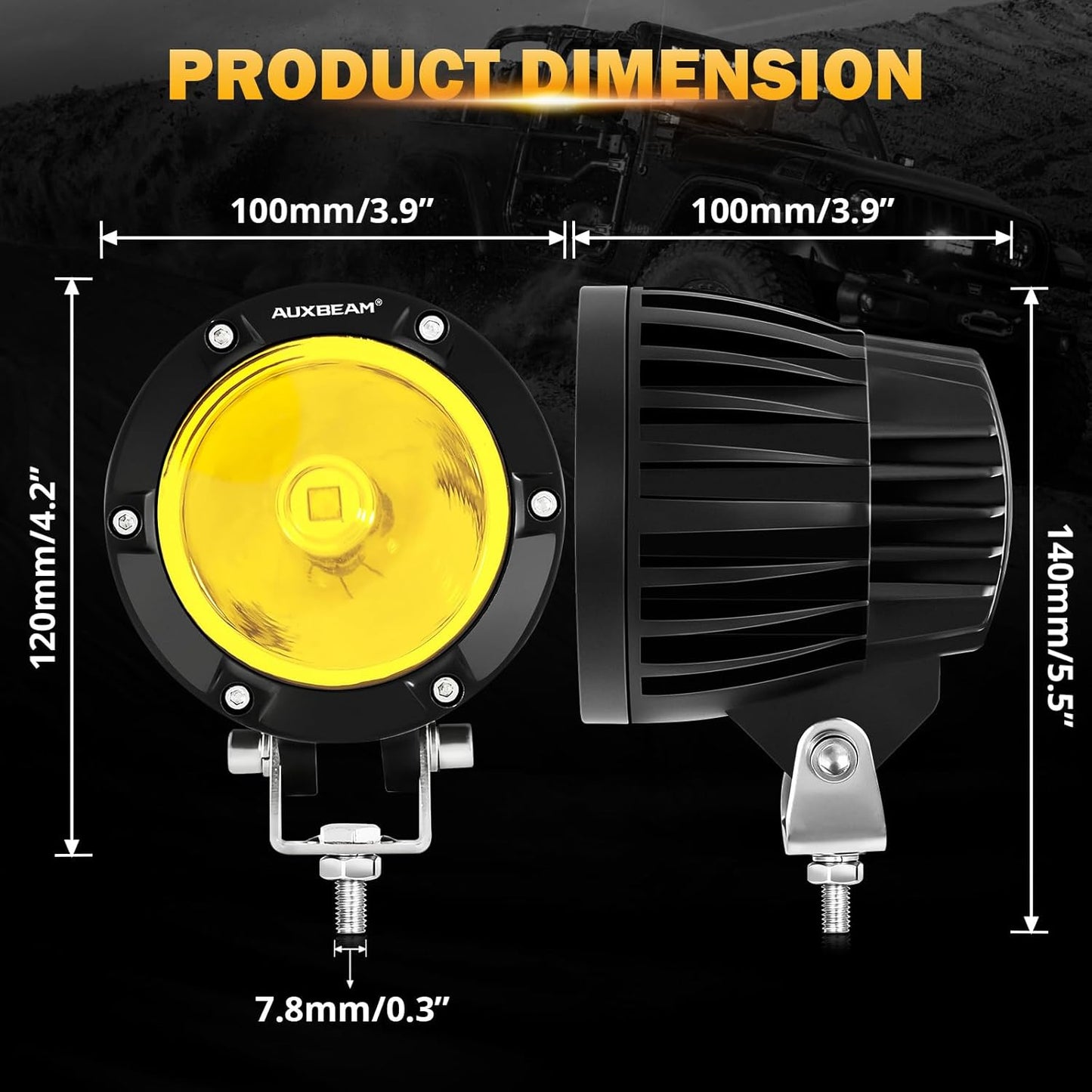Auxbeam 4In 72W Amber Round Led, 2PCS 7200LM Amber Light Pod with Wiring Harness Kit