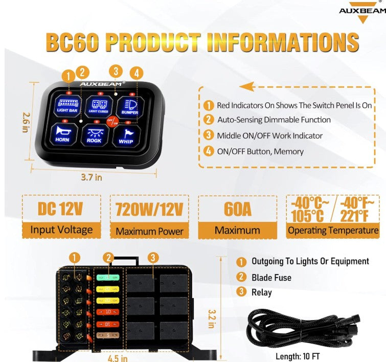 Panel de interruptores LED BC60 de 6 unidades, controlador de luces todoterreno (azul)