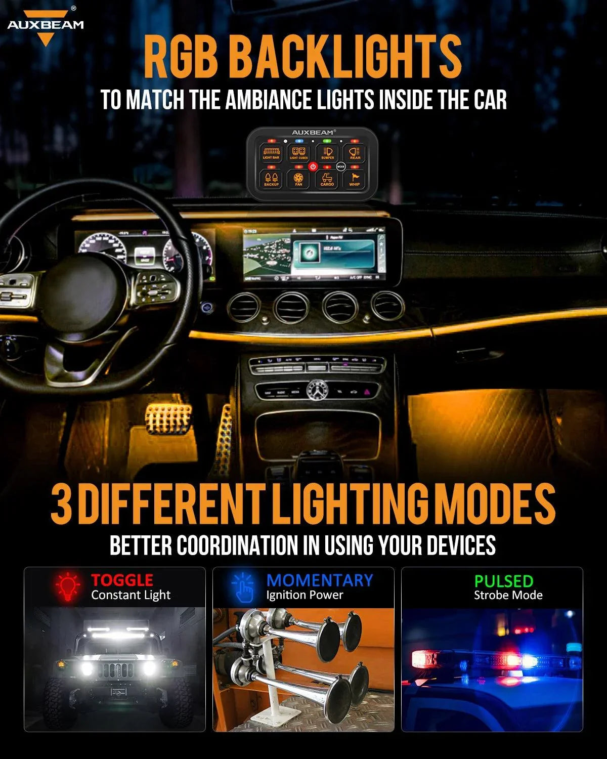 +2024 Tacoma/4Runner Switch panel mount (fit Auxbeam 8 Gang) + RGB Series 8 Gang (RA80)