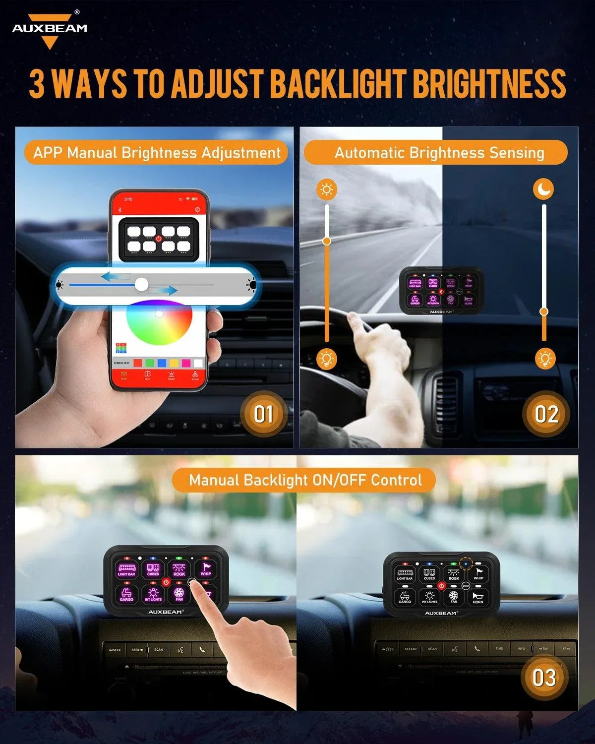 +2024 Tacoma/4Runner Switch panel mount (fit Auxbeam 8 Gang) + 8 Gang (AC-800) RGB
