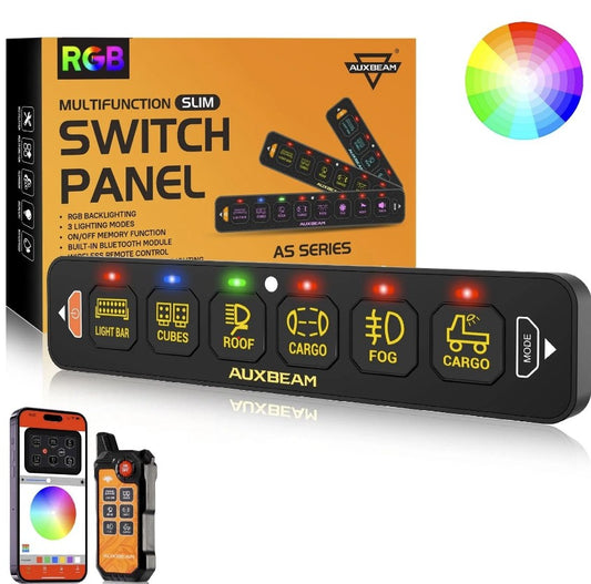 6 Gang LED Switch Panel Flat, Off Road Light Controller RGB Series with APP