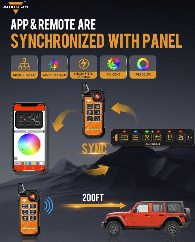 6 Gang LED Switch Panel Flat, Off Road Light Controller RGB Series with APP