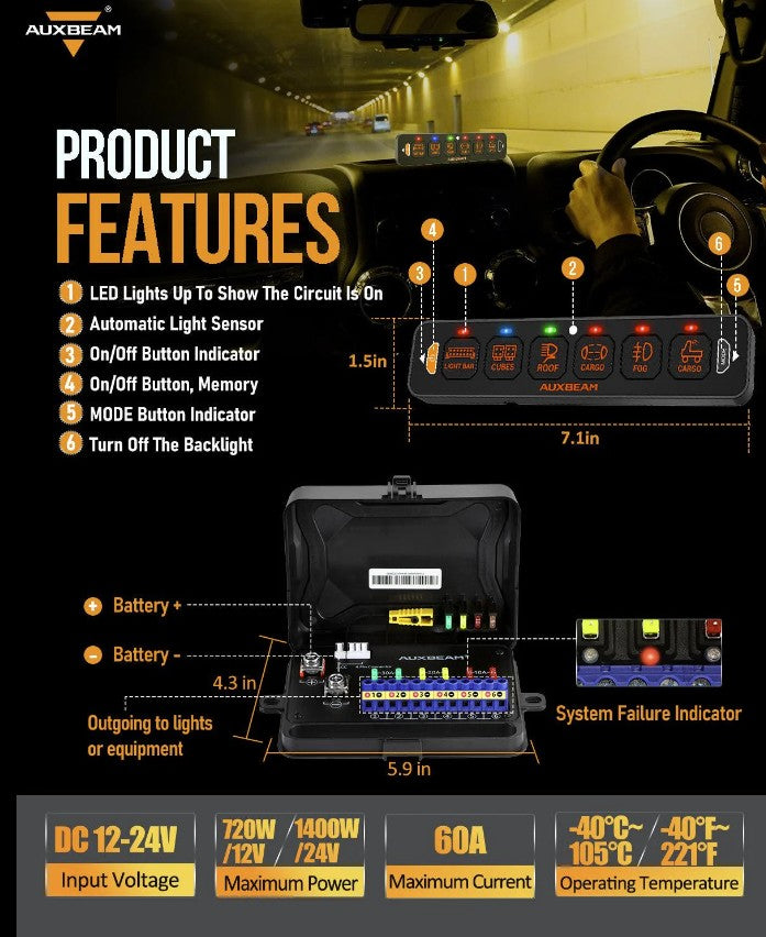 6 Gang LED Switch Panel Flat, Off Road Light Controller RGB Series